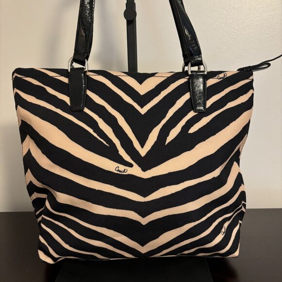 Coach Black & Tan Zebra Print Canvas Black Patent Leather Tote - Picture 4 of 10